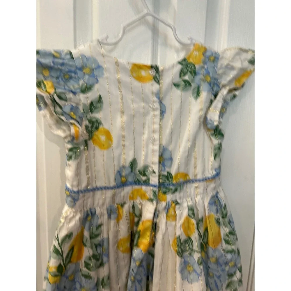 Rachel Zoe Dress White Lemon Floral Gold Metallic‎ Stripe Flutter Sleeve Bin A